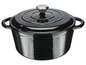Une cocotte en fonte noire avec un couvercle.