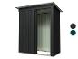 Abri de jardin métallique noir avec porte coulissante et toit vert.