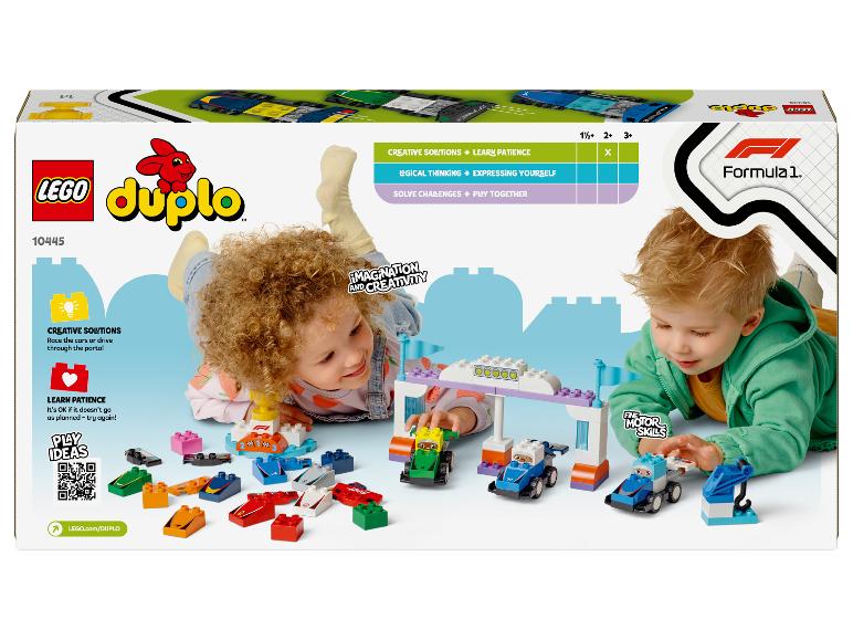 Boîte LEGO Duplo Formule 1 avec des enfants jouant avec des voitures de course.