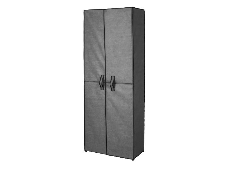 Armoire de rangement en tissu gris avec deux portes et poignées.