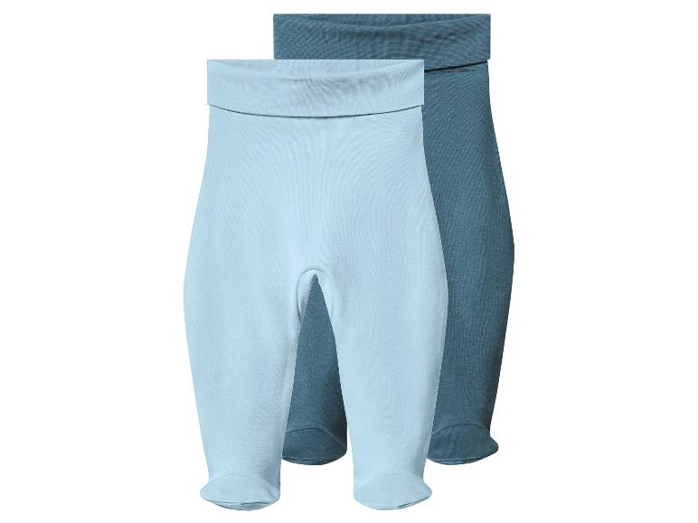 Deux pantalons de bébé avec pieds intégrés, un bleu clair et un bleu foncé