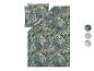 Parure de lit avec motif de feuilles tropicales dans des tons verts, bruns et bleus.