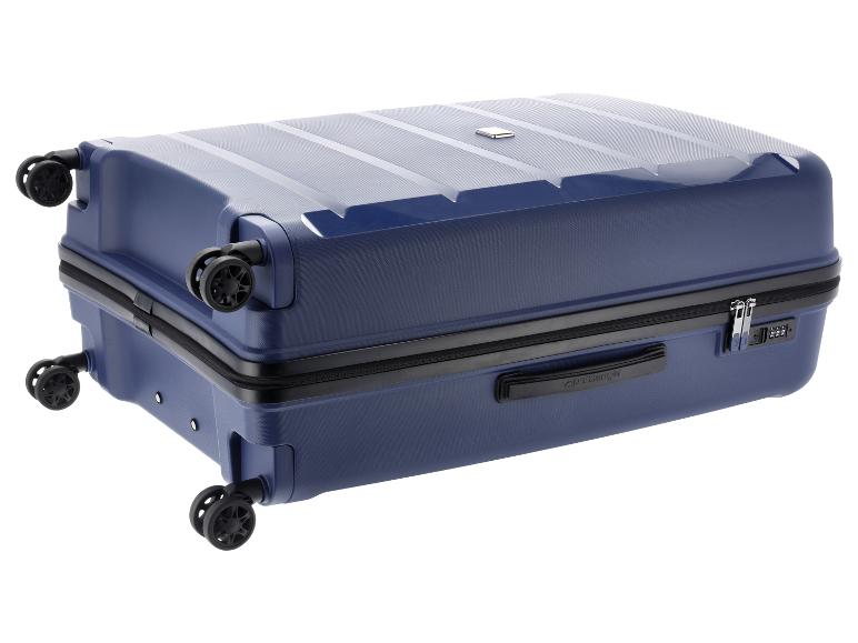 Valise rigide bleue avec quatre roues et serrure à combinaison.