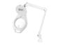 Lampe loupe LED blanche avec bras réglable et informations sur le produit.