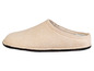 Pantoufle en laine beige avec une bordure noire.