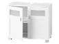 Meuble bas blanc avec deux portes, dont une ouverte, et une découpe pour lavabo.