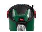 Aspirateur vert et noir avec des détails rouges et un tuyau