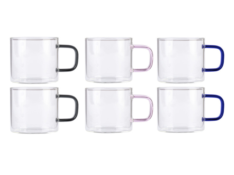 Six tasses en verre avec des poignées colorées.