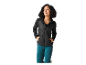 Femme portant une veste matelassée noire et un legging turquoise.