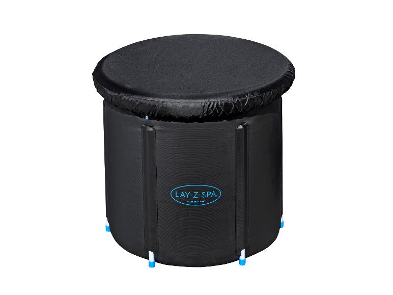 Baignoire ronde noire pour bain de glace avec couvercle et lettrage bleu