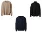 Trois pulls pour hommes : un beige à col rond, un col roulé noir et un col en V bleu foncé.