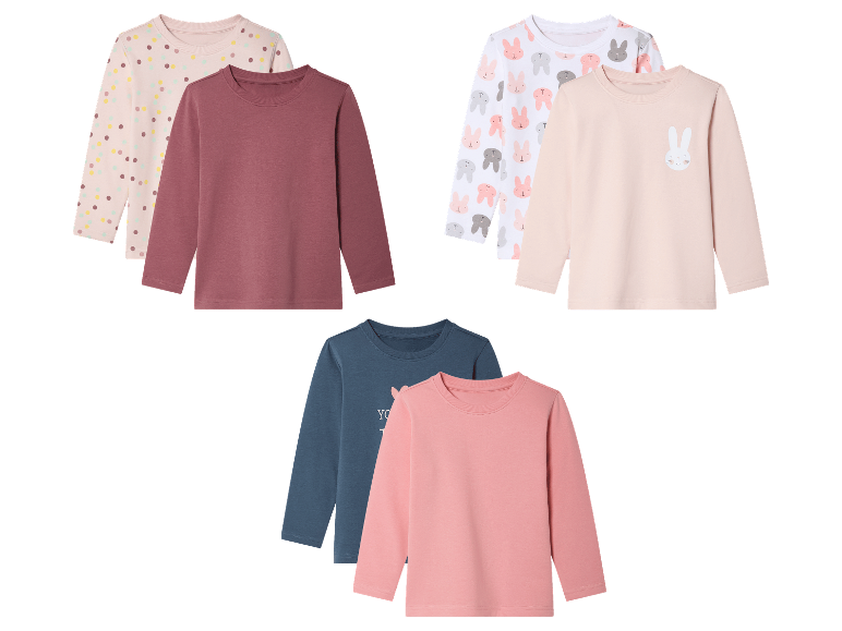 Trois ensembles de t-shirts à manches longues pour enfants avec des motifs de pois, de lapins et de texte.