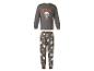 Pyjama d'Halloween pour enfants: haut gris à manches longues avec un squelette sur un skateboard et le texte « BOOO YA! », et pantalon assorti avec des fantômes, des crânes, des toiles d'araignée et des os.