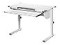 Bureau blanc réglable avec tiroir coulissant pour clavier.