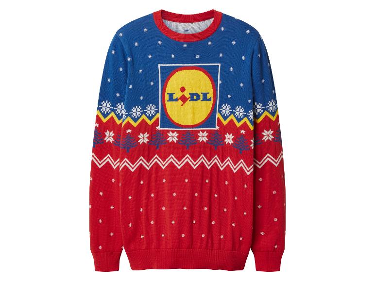 Pull de Noël Lidl, bleu et rouge, avec logo et flocons de neige.