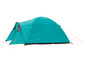 Une tente turquoise avec un design gris et jaune.