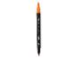 Marqueur orange à double pointe avec pointe pinceau et pointe fine, étiqueté « DUAL TIP MARKER »