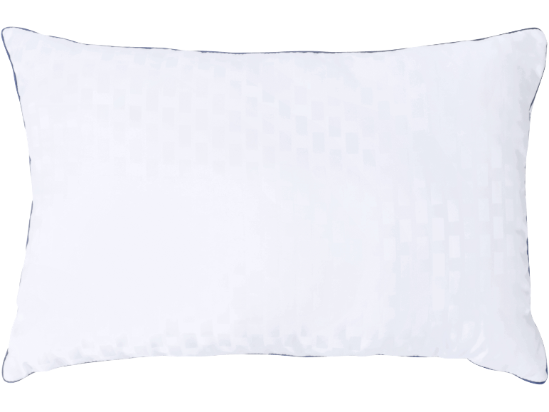 Oreiller blanc avec motif à carreaux subtil et bordure bleu foncé.