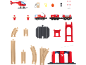 Ensemble de jouets de pompiers avec hélicoptère, train et rails en bois.