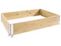Une jardinière surélevée en bois avec des charnières métalliques.