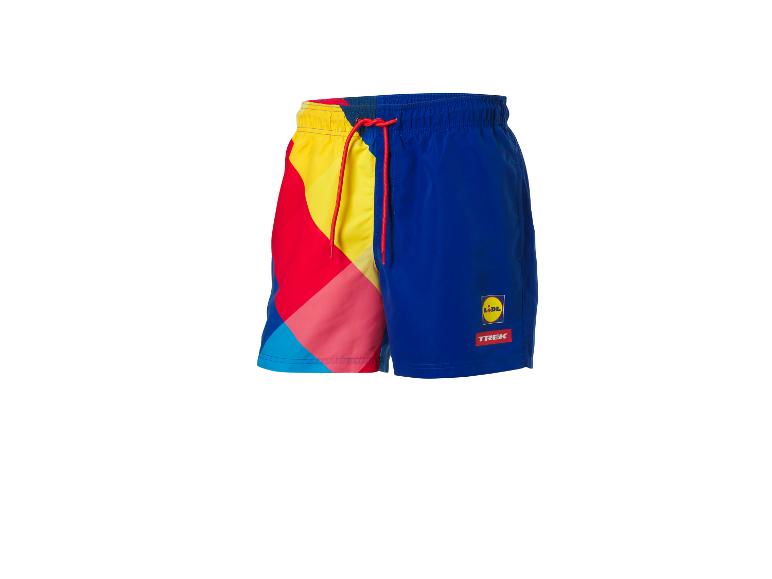 Short de bain homme bleu, jaune et rouge, avec un motif géométrique.