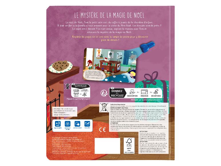 Quatrième de couverture d'un livre d'images pour enfants avec lampe magique sur la magie de Noël.
