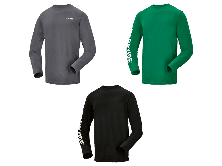 Trois chemises Parkside à manches longues en gris, vert et noir.