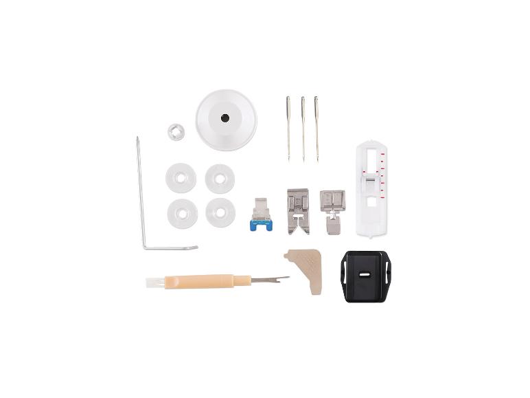 Ensemble d'accessoires pour machine à coudre, comprenant canettes, aiguilles, pieds-de-biche et autres outils.