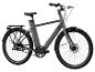 Un vélo électrique gris avec une transmission par courroie et des pneus Schwalbe
