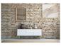 Buffet blanc moderne avec plateau en bois, décoré de vases, contre un mur de briques.