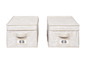 Deux boîtes de rangement beiges avec un motif blanc et des poignées, parfaites pour le fil.