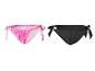 Deux bas de maillots de bain : un rose à imprimé léopard, un noir uni.