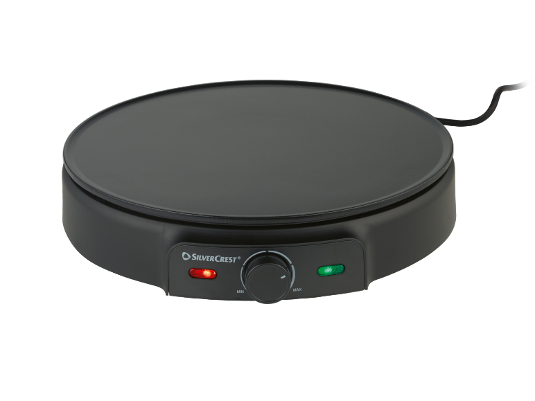Crêpière électrique noire avec thermostat réglable et voyants lumineux.
