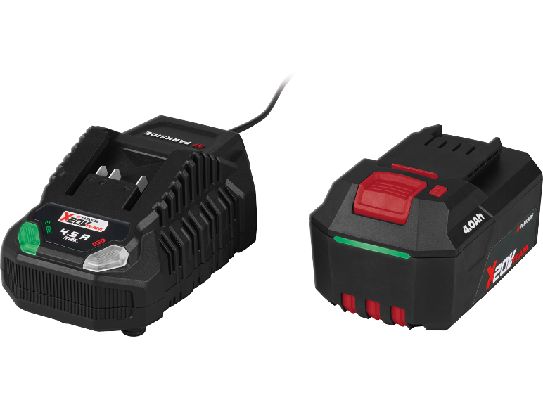 Chargeur de batterie noir et batterie 4.0Ah avec des détails rouges et verts.