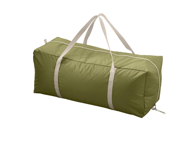 Sac de transport ou de rangement vert avec fermeture éclair et poignées.
