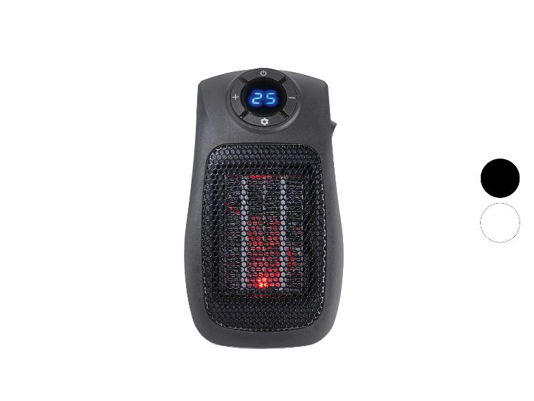 Radiateur électrique portable noir avec affichage numérique et grille éclairée en rouge.