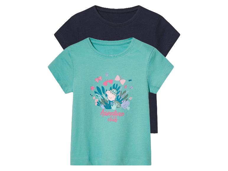 Deux t-shirts pour enfant : un vert clair avec Peppa Pig et un bleu marine.