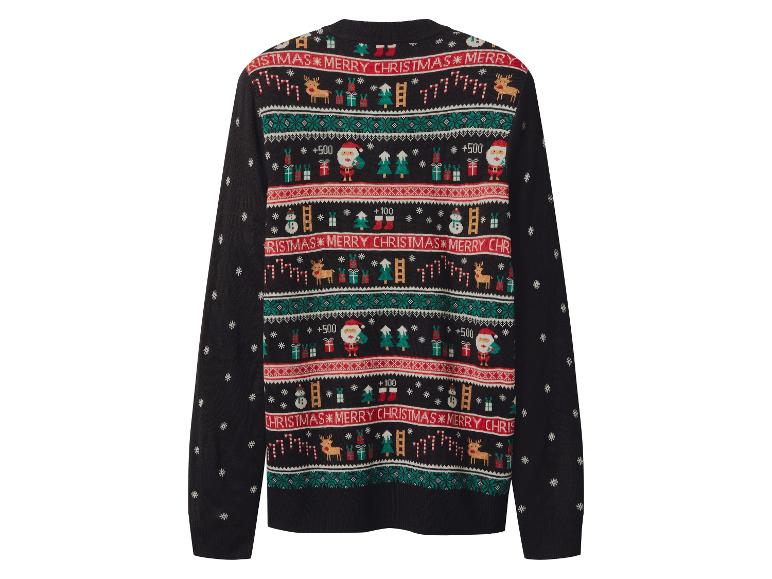 Pull de Noël noir avec motifs festifs et texte « Merry Christmas ».