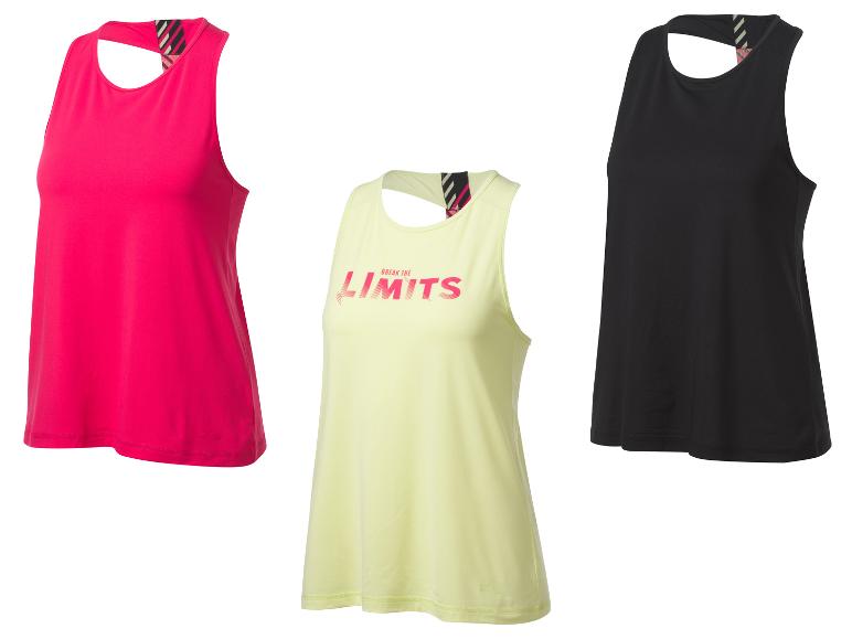 Trois débardeurs de sport, rose, jaune avec l'impression 'Break the Limits' et noir.