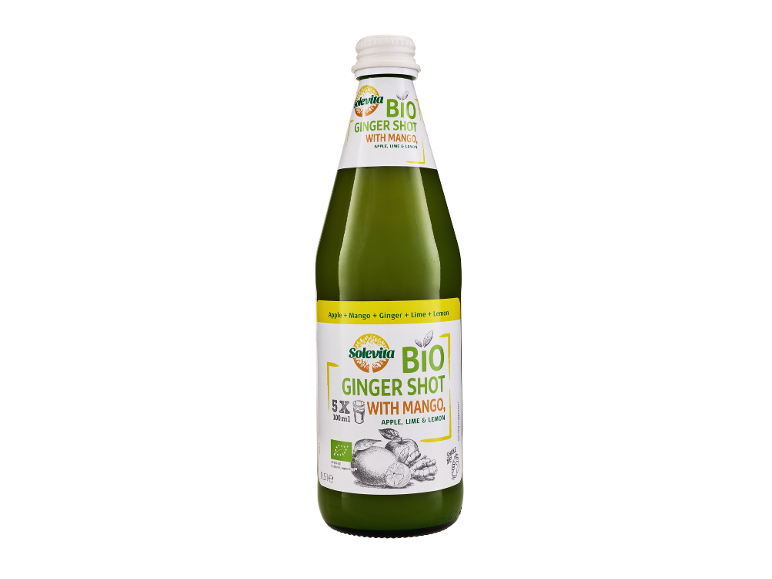 Bouteille de shot de gingembre bio à la mangue, pomme, citron vert et citron.