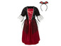 Une robe de vampire rouge et noire à imprimé de chauve-souris et un bandeau assorti.