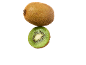 Un kiwi entier et un demi-kiwi sur fond noir.