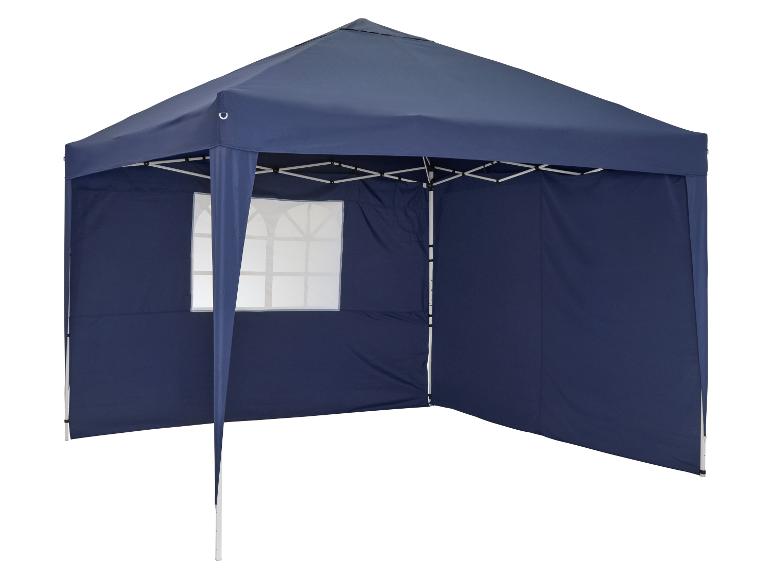 Tonnelle pop-up bleu marine avec un panneau latéral avec fenêtre, sur fond blanc.