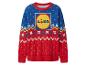Pull de Noël Lidl bleu et rouge avec flocons de neige et logo.