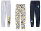 Trois joggings pour garçons : gris, blanc avec un imprimé Pikachu et bleu foncé avec un imprimé dinosaure.