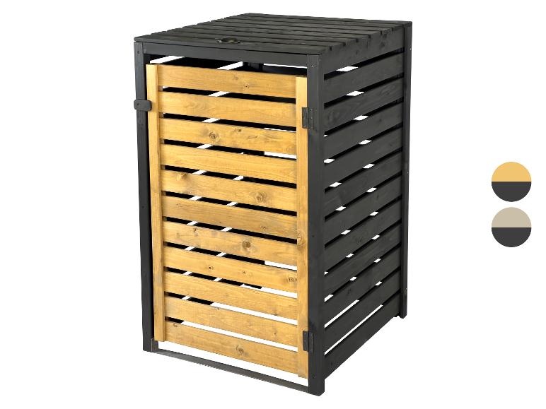 Une poubelle en bois avec un cadre noir et une porte en bois.