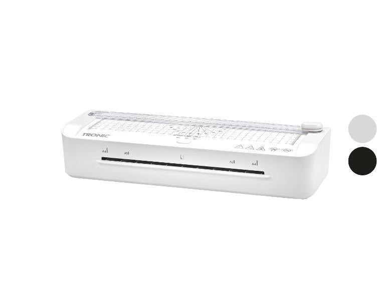 Plastifieuse blanche avec coupe-papier pour formats A4 et A5.