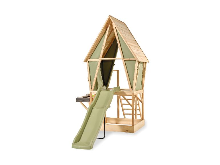 Cabane de jeu en bois avec toboggan vert et toit en tissu, idéale pour les enfants.