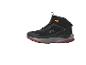 Chaussure de randonnée montante noire avec accents orange et semelle bordeaux, étiquette 'WATERPROOF'.