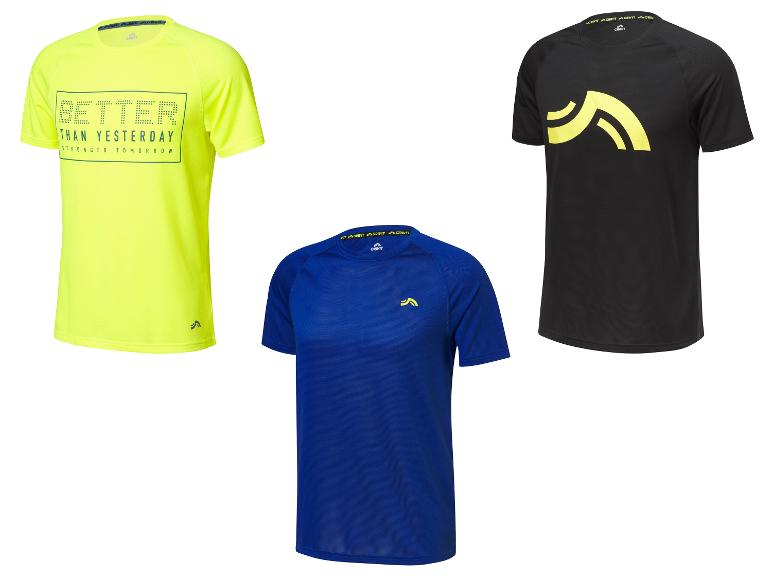 Trois t-shirts de sport Crivit : jaune, noir et bleu.